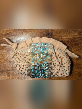 Miss Albright Anthropologie Beaded Turquoise Gold Boho Clutch Bag Purse 7" x 5"